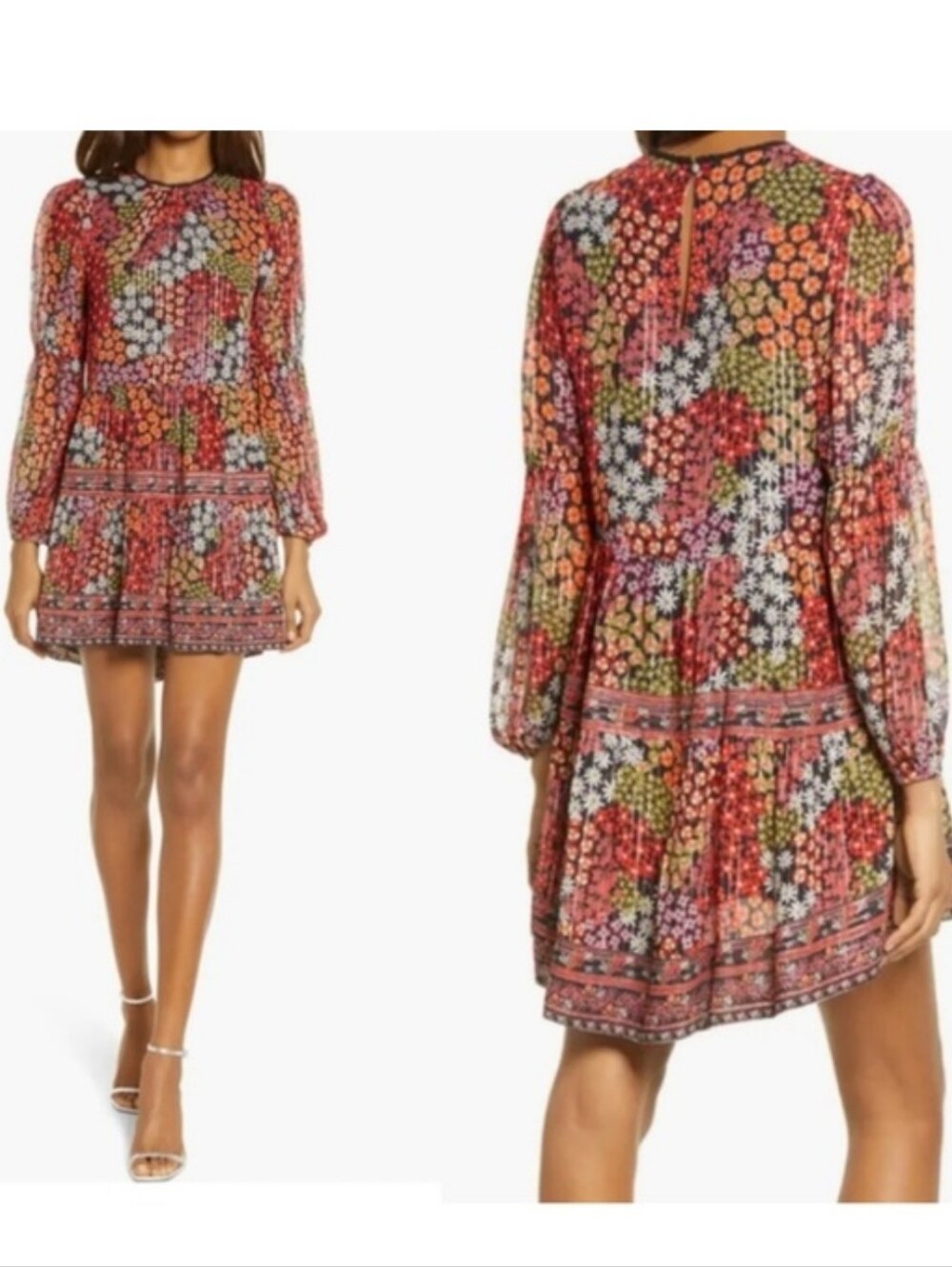 Saylor Talley Dark Floral Blouson Sheer Mini Dress Boho Cottagecore Whimsical